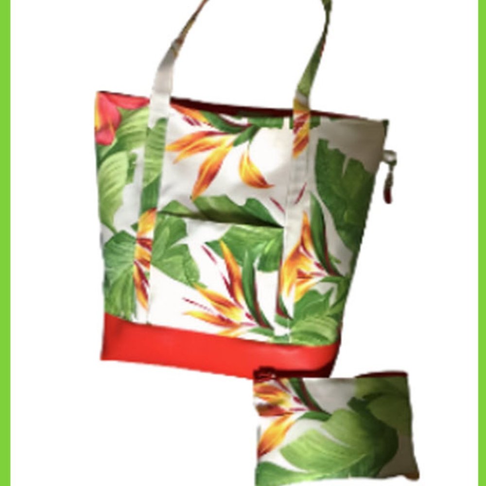 HAWAIIAN BEAUTIFUL BIRDS 0F PARADISE HANDBAG /TOTEBAG IN CANVAS & RED LEATHER